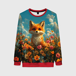 Свитшот женский Лисица в цветочном поле, цвет: 3D-красный