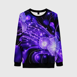 Свитшот женский Силуэты цветов на темном фоне - фиолетовое свечени, цвет: 3D-черный