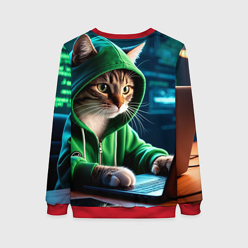 Женский свитшот Котенок хакер за ноутбуком / 3D-Красный – фото 2