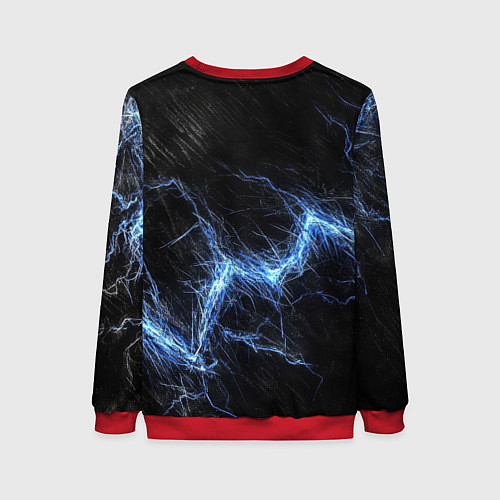 Женский свитшот Герб РФ на черной текстуре с синими потертостями / 3D-Красный – фото 2