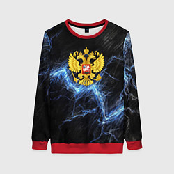 Женский свитшот Герб РФ на черной текстуре с синими потертостями