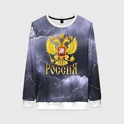 Свитшот женский Герб России фиолетовое небо с молниями, цвет: 3D-белый