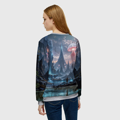 Женский свитшот Фантастический мир с медузами и озеро у гор / 3D-Меланж – фото 4