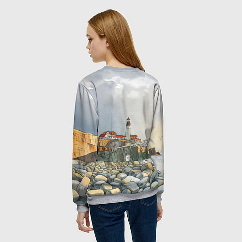 Женский свитшот Маяк и камни на пляже - акварельный рисунок / 3D-Меланж – фото 4