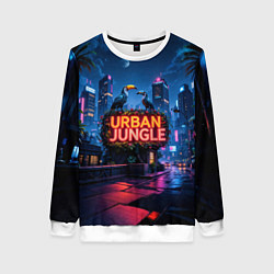 Женский свитшот Городские здания зеленые растения и попугаи