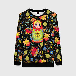 Свитшот женский Хохломская роспись с русской матрёшкой, цвет: 3D-черный