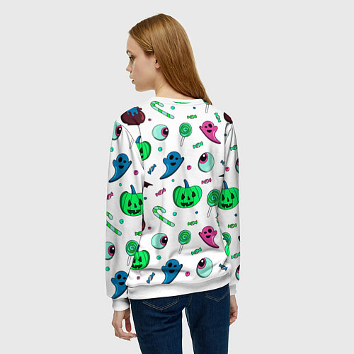 Женский свитшот Halloween light green pumpkin - паттерн / 3D-Белый – фото 4