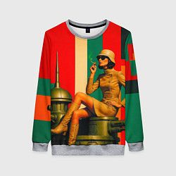 Свитшот женский Милитари девушка на оружейной башне ретрофутуризм, цвет: 3D-меланж