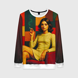 Свитшот женский Девушка в кресле ретро поп-арт 1970-е, цвет: 3D-белый