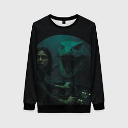 Свитшот женский Тилозавр нападает на батискаф с девушкой ужасы, цвет: 3D-черный