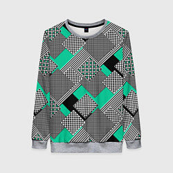 Свитшот женский Черно бирюзовая абстрактная геометрия пэчворк, цвет: 3D-меланж