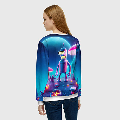 Женский свитшот Робот-сгибальщик Бендер и неоновые грибы / 3D-Белый – фото 4