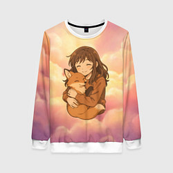 Свитшот женский Девочка обнимает лисичку, цвет: 3D-белый