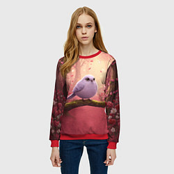 Свитшот женский Сиреневая птица в розовом цветущем лесу, цвет: 3D-красный — фото 2