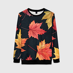 Свитшот женский Кленовые листья на черном - акварельный паттерн, цвет: 3D-черный
