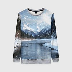 Свитшот женский Снежный горный пейзаж с елями и рекой, цвет: 3D-меланж
