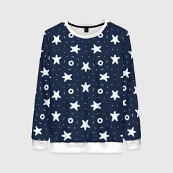 Свитшот женский Белые кольца и звезды на синем, цвет: 3D-белый