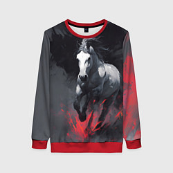 Свитшот женский Белая лошадь на фоне мазков краски, цвет: 3D-красный