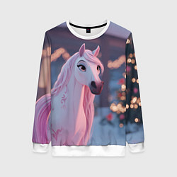 Свитшот женский Лошадка и новогодняя елка, цвет: 3D-белый
