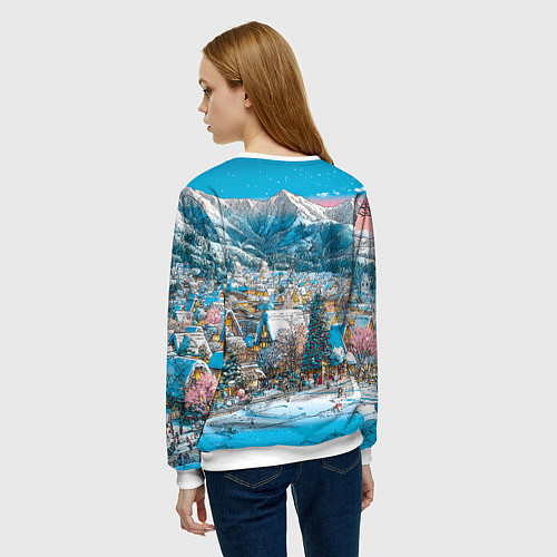 Женский свитшот Новогодняя деревушка в горах / 3D-Белый – фото 4