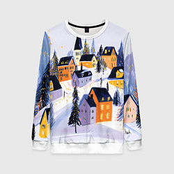Свитшот женский Новогодние домики на горе, цвет: 3D-белый