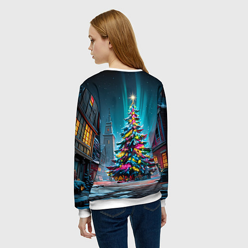 Женский свитшот Новогодняя елка в гирляндах / 3D-Белый – фото 4