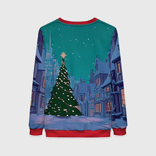 Женский свитшот Зеленая новогодняя елка во вдоре / 3D-Красный – фото 2