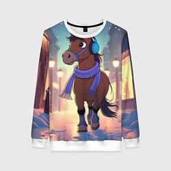 Свитшот женский Лошадка в шарфе и наушниках, цвет: 3D-белый