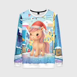 Свитшот женский Лошадка с новогоднем венком, цвет: 3D-белый