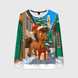 Свитшот женский Лошадка распаковывает новогодний подарок, цвет: 3D-белый