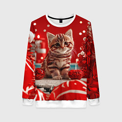 Свитшот женский Рыжий новогодний котенок, цвет: 3D-белый
