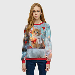 Свитшот женский Рыжий новогодний котенок с сердечком, цвет: 3D-красный — фото 2