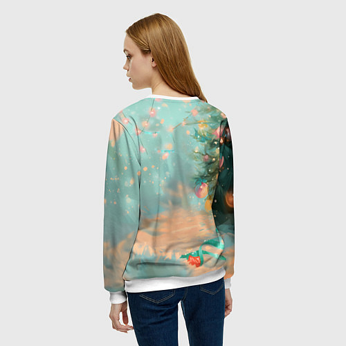 Женский свитшот Милый рыжий котенок любуется елкой / 3D-Белый – фото 4