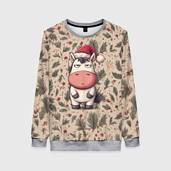 Женский свитшот Новогодняя лошадка на фоне елочных веток