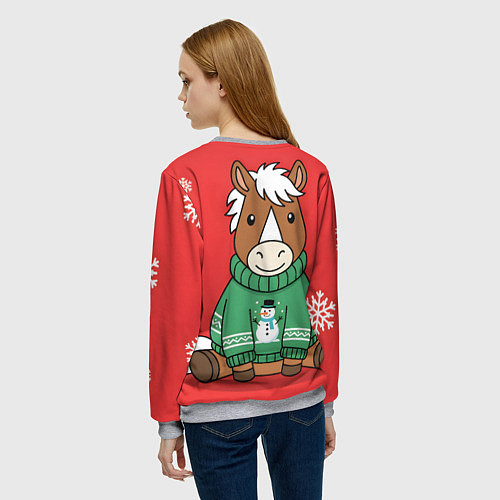 Женский свитшот Новогодняя лошадка в зеленом свитере / 3D-Меланж – фото 4