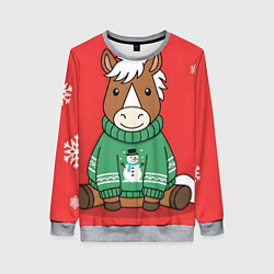 Свитшот женский Новогодняя лошадка в зеленом свитере, цвет: 3D-меланж