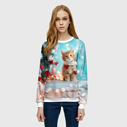 Свитшот женский Милый рыжий котенок - Новый год, цвет: 3D-белый — фото 2