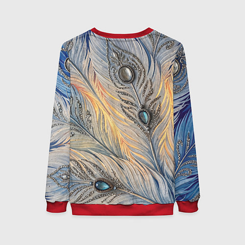 Женский свитшот Синие перья с самоцветами / 3D-Красный – фото 2