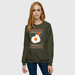 Свитшот хлопковый женский Рождественский свитер Кот-яичница, цвет: хаки — фото 2