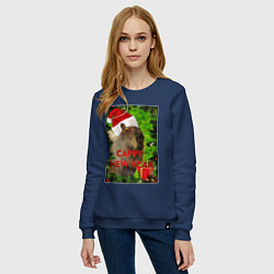 Свитшот хлопковый женский Капибара happy new year capybara новый год, цвет: тёмно-синий — фото 2