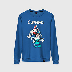 Свитшот хлопковый женский Cuphead веселые чашечки, цвет: синий