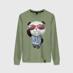 Свитшот хлопковый женский Прикольный пандёныш в темных очках и наушниках, цвет: авокадо