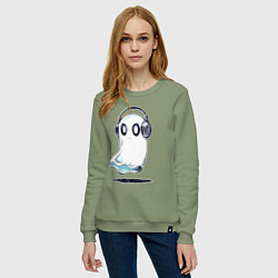 Свитшот хлопковый женский Прикольный призрак в наушниках, цвет: авокадо — фото 2