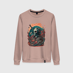 Свитшот хлопковый женский Череп скелета самурая, цвет: пыльно-розовый