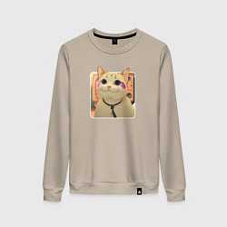 Свитшот хлопковый женский Cat smiling meme art, цвет: миндальный