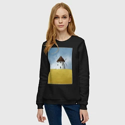 Свитшот хлопковый женский Ветряная мельница в поле, цвет: черный — фото 2