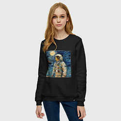 Свитшот хлопковый женский Космонавт на луне в стиле Ван Гог, цвет: черный — фото 2