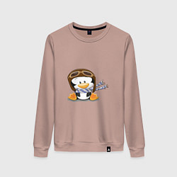 Свитшот хлопковый женский Пингвин в шапке лётчика, цвет: пыльно-розовый