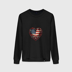 Свитшот хлопковый женский Сердце с цветами флаг США, цвет: черный