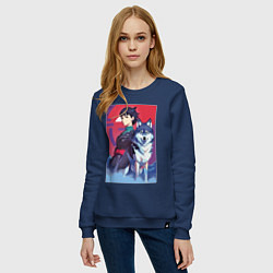 Свитшот хлопковый женский Девочка со своим другом волком - аниме, цвет: тёмно-синий — фото 2